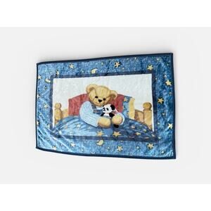 Vintage Blue Jean Teddy Bear Panda Baby Blanket Bedtime Bear 29x44”
